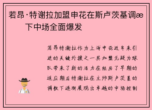 若昂·特谢拉加盟申花在斯卢茨基调教下中场全面爆发